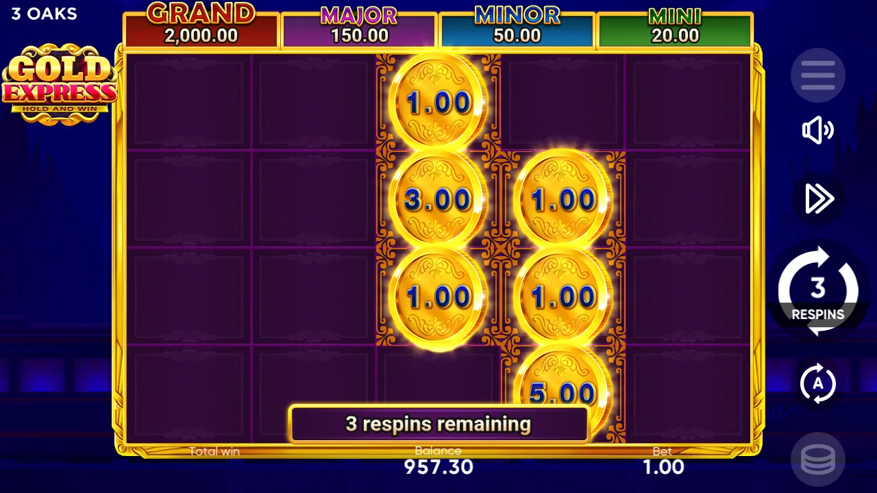 Gold Express: Hold and Win bonus overlay showing BONUS coins locked across the 5x4 grid with respin counter