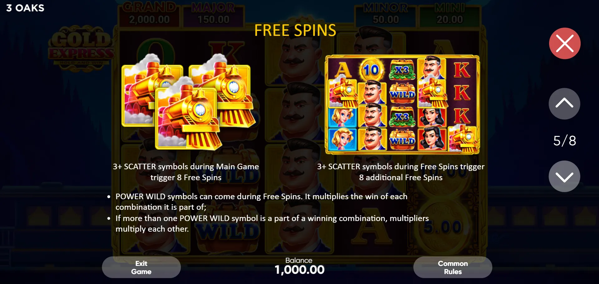 Gold Express Free Spins rules screen - 3 or more SCATTER symbols trigger 8 Free Spins with Power Wild multipliers