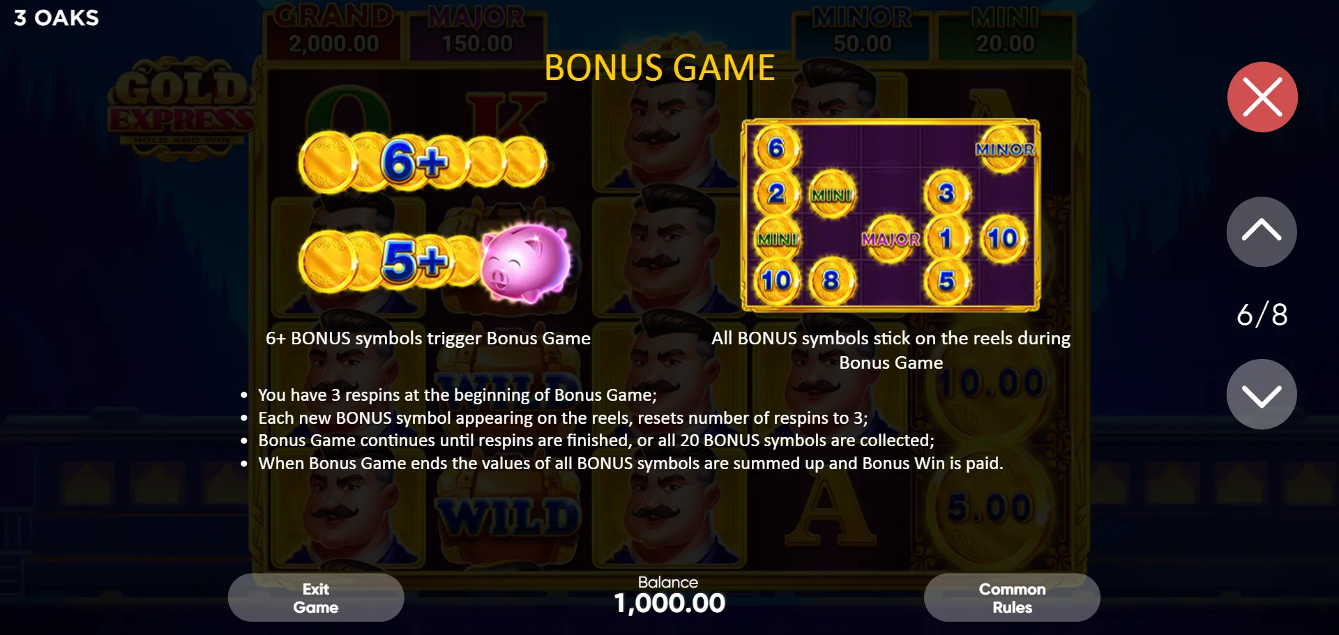 Gold Express Bonus Game rules screen - 6 or more BONUS symbols trigger the Hold and Win with 3 respins and sticky symbols