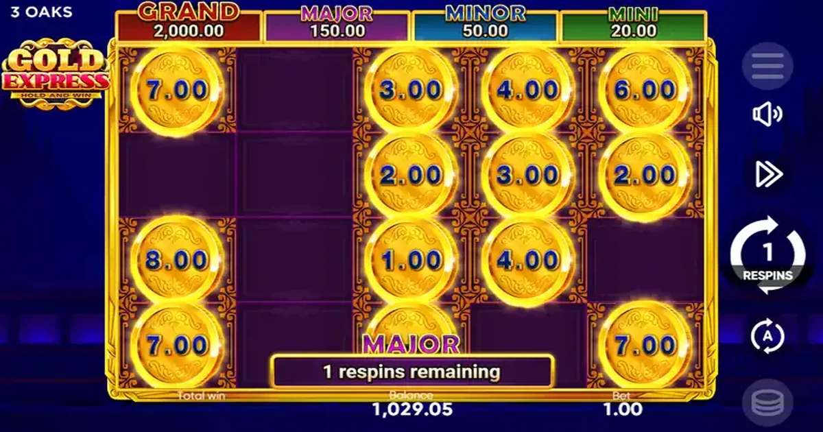 Gold Express Hold and Win at spin 829 - MAJOR jackpot with coin values on the 5x4 board, balance 1029.05, one respin remaining